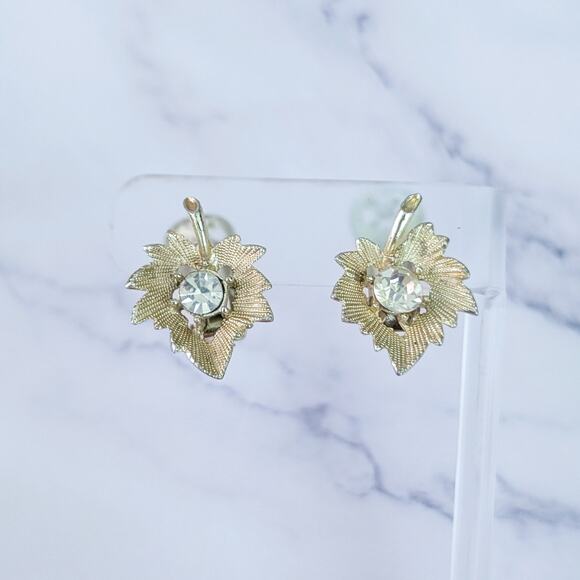 Vintage Clip On Earrings Light Shade of Gold Tone & Clear Gem - Leaf Like - Picture 1 of 12